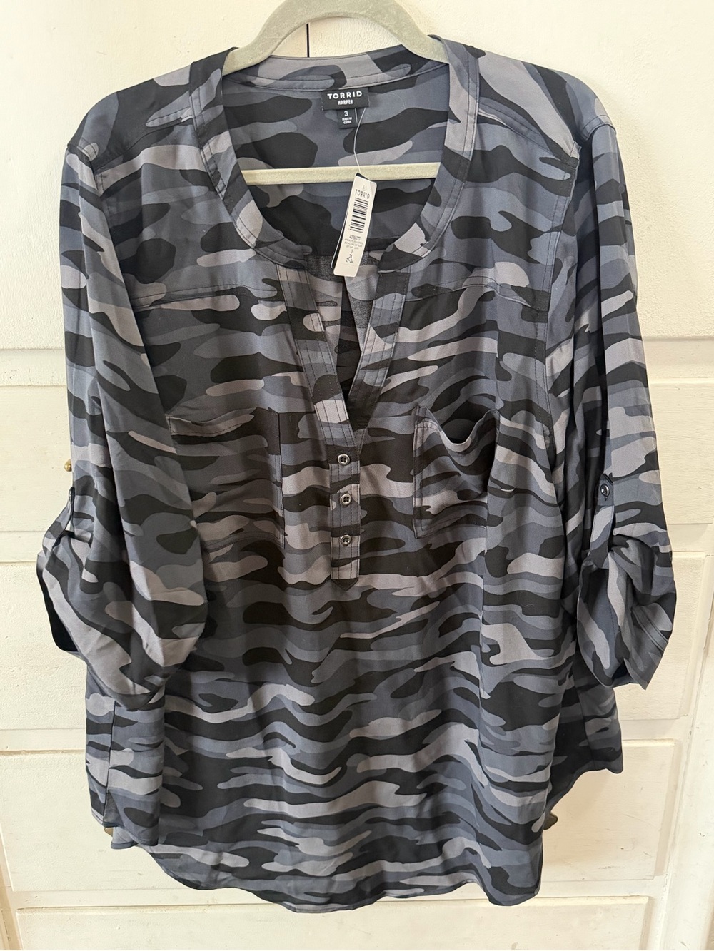 torrid Gray Camo Henley Tunic Blouse